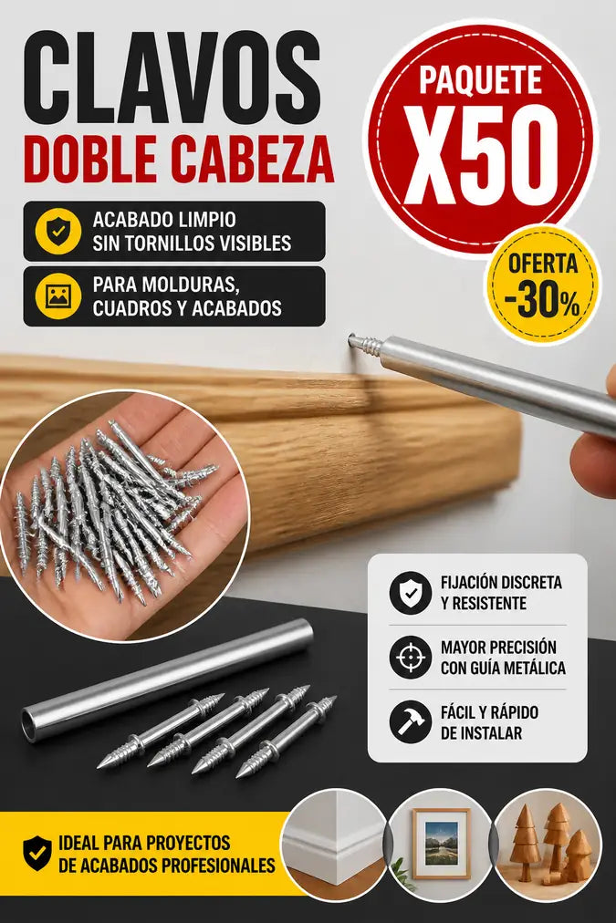 Clavos doble cabeza paquete x50 para acabados limpios